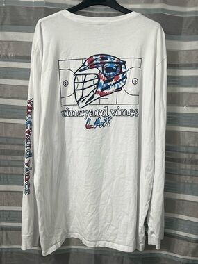 Vineyard Vines Lacrosse White Long Sleeve with Red & Blue LAX Helmet Graphic